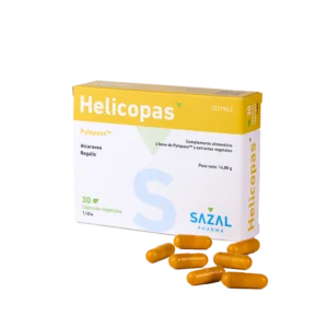 Helicopas de Sazal Pharma, complemento nutracéutico para reducir la presencia de Helicobacter pylori y proteger la mucosa gástrica.