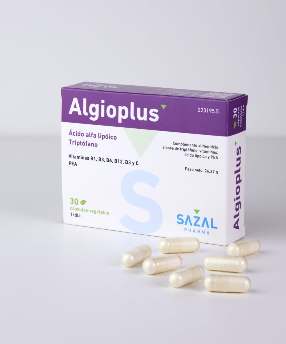 Algioplus de Sazal Pharma, nutracéutico formulado para el manejo del dolor neuropático y el equilibrio cognitivo.
