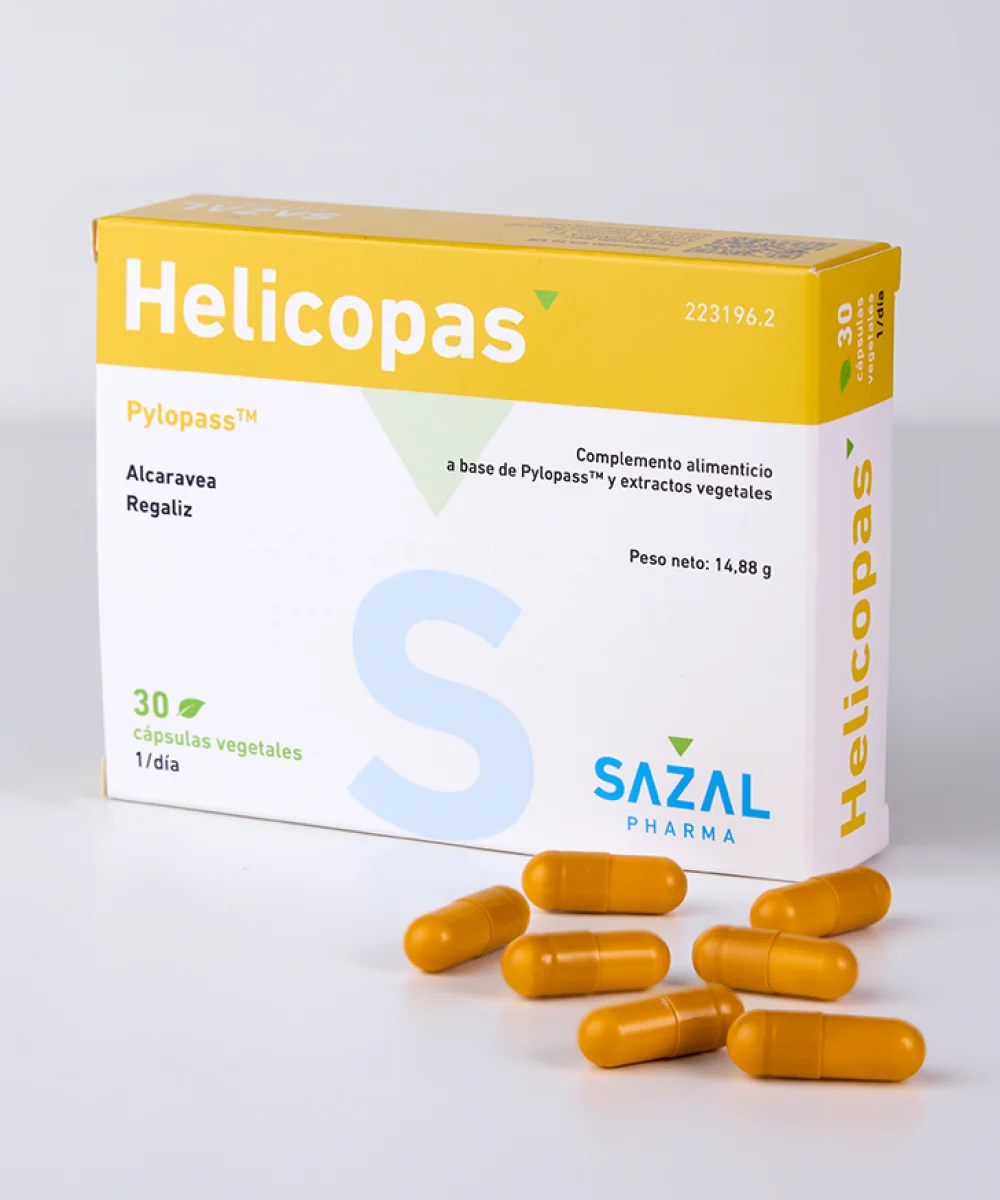 Suplemento probiótico Helicopas de Sazal Pharma con Pylopass™ para el control del Helicobacter pylori.