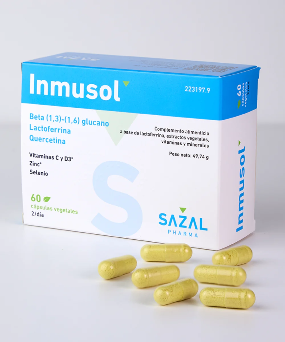 Complemento Inmusol de Sazal Pharma con beta-glucanos, lactoferrina y vitaminas C y D3 para reforzar defensas.